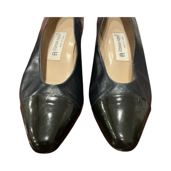 Etienne Aigner Black Leather Patent Cap Toe Pumps Block Heel 8.5 M Retro Classic - Picture 2 of 8